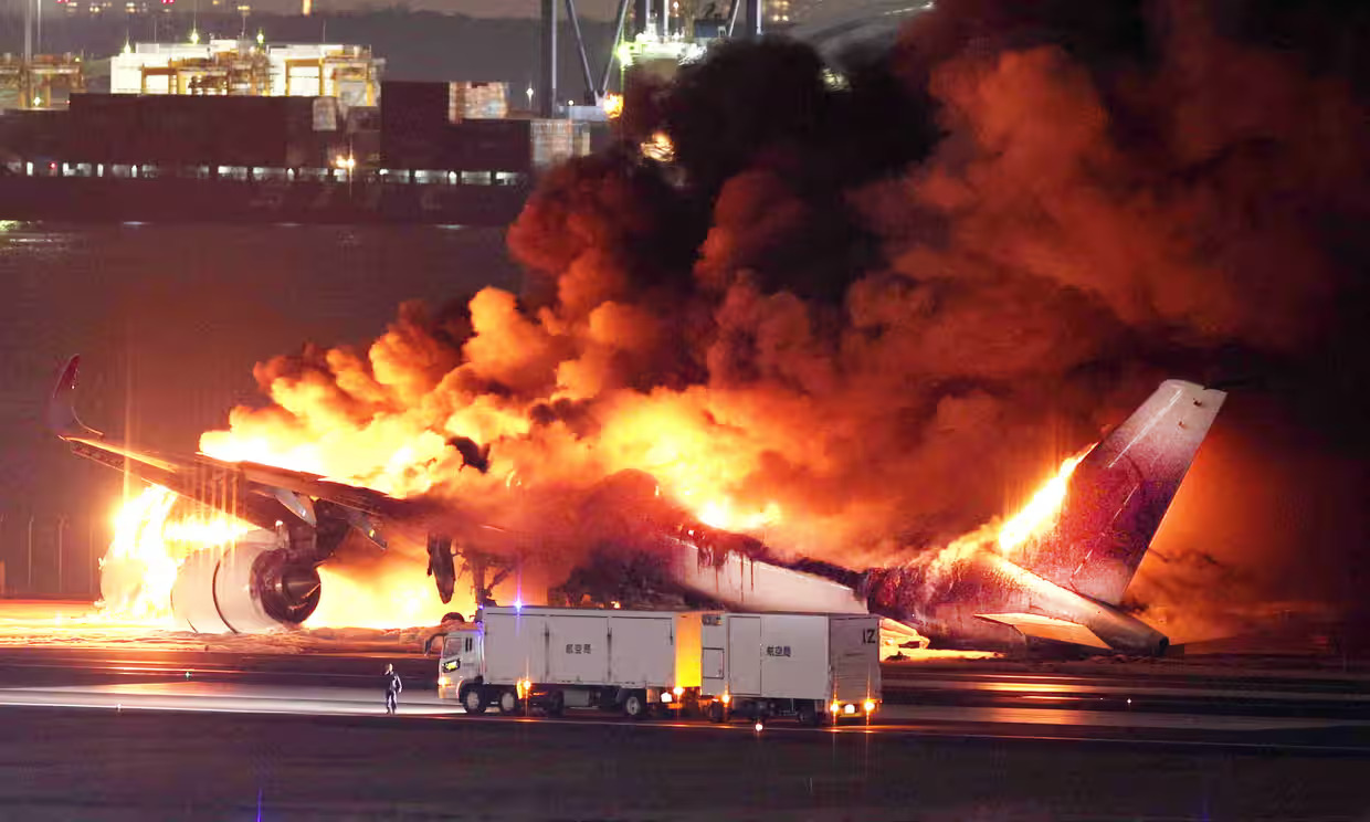 The Japan Airlines aircraft caught fire after colliding with an earthquake-relief plane